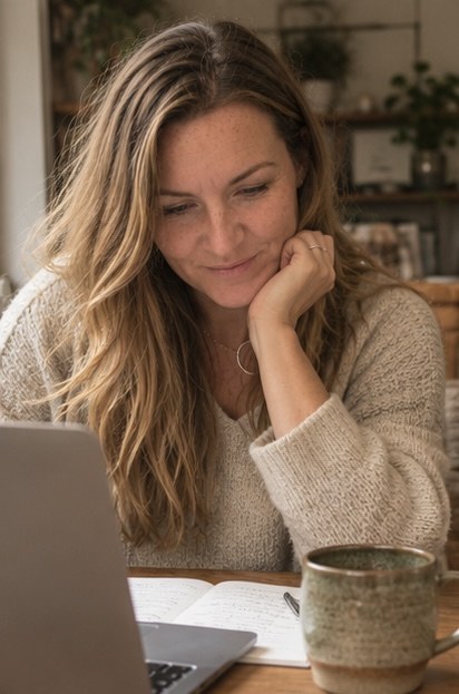 Deb Stevenson smiling at her laptop with a notebook and a mug